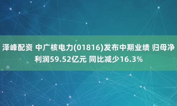泽峰配资 中广核电力(01816)发布中期业绩 归母净利润59.52亿元 同比减少16.3%